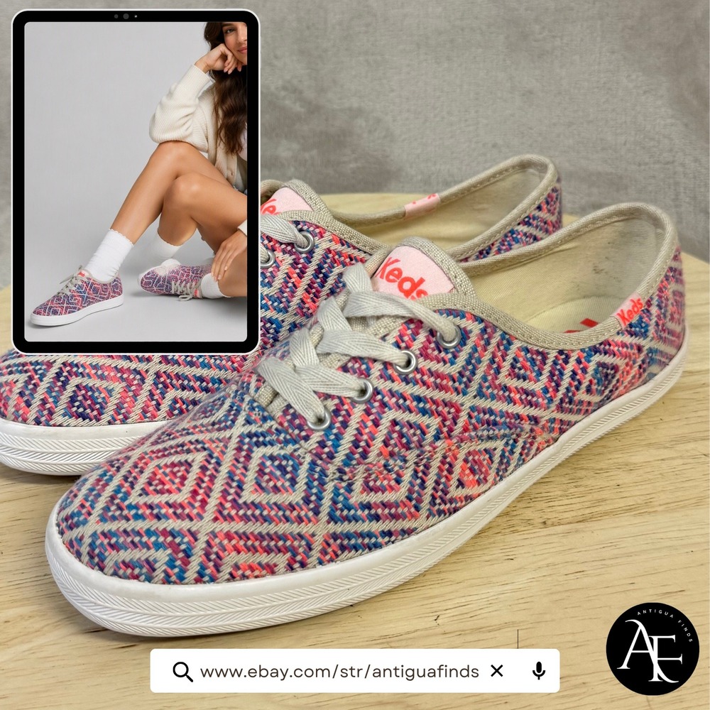 Keds Champion Womens 7.5 Pink Blue Geometric Woven Textile Sneakers KW-CHAMP-5A